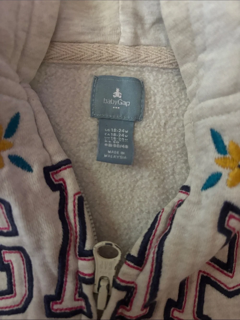 GAP Heather Gray Zipper Hoodie with Pink & Blue Floral Embroidery